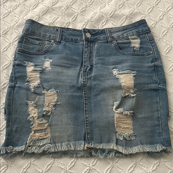 Wax Jean Frayed Hem Distressed Mini Skirt - Blue - Picture 1 of 5